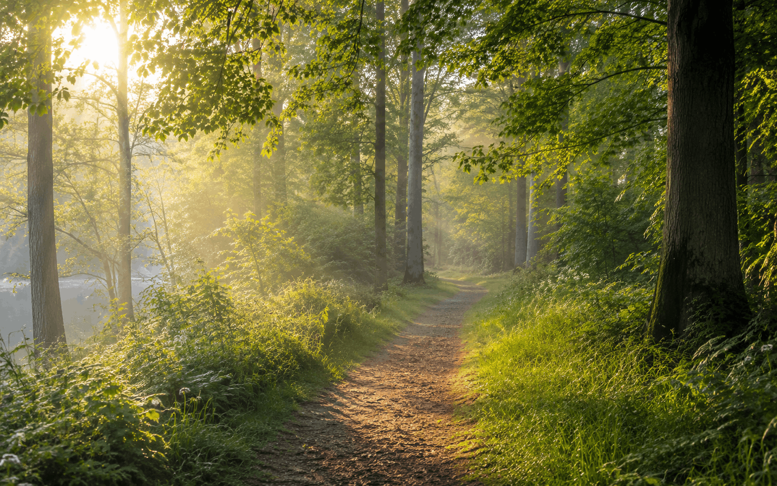 Angst am Morgen — ruhiger Waldweg im sanften Morgenlicht
