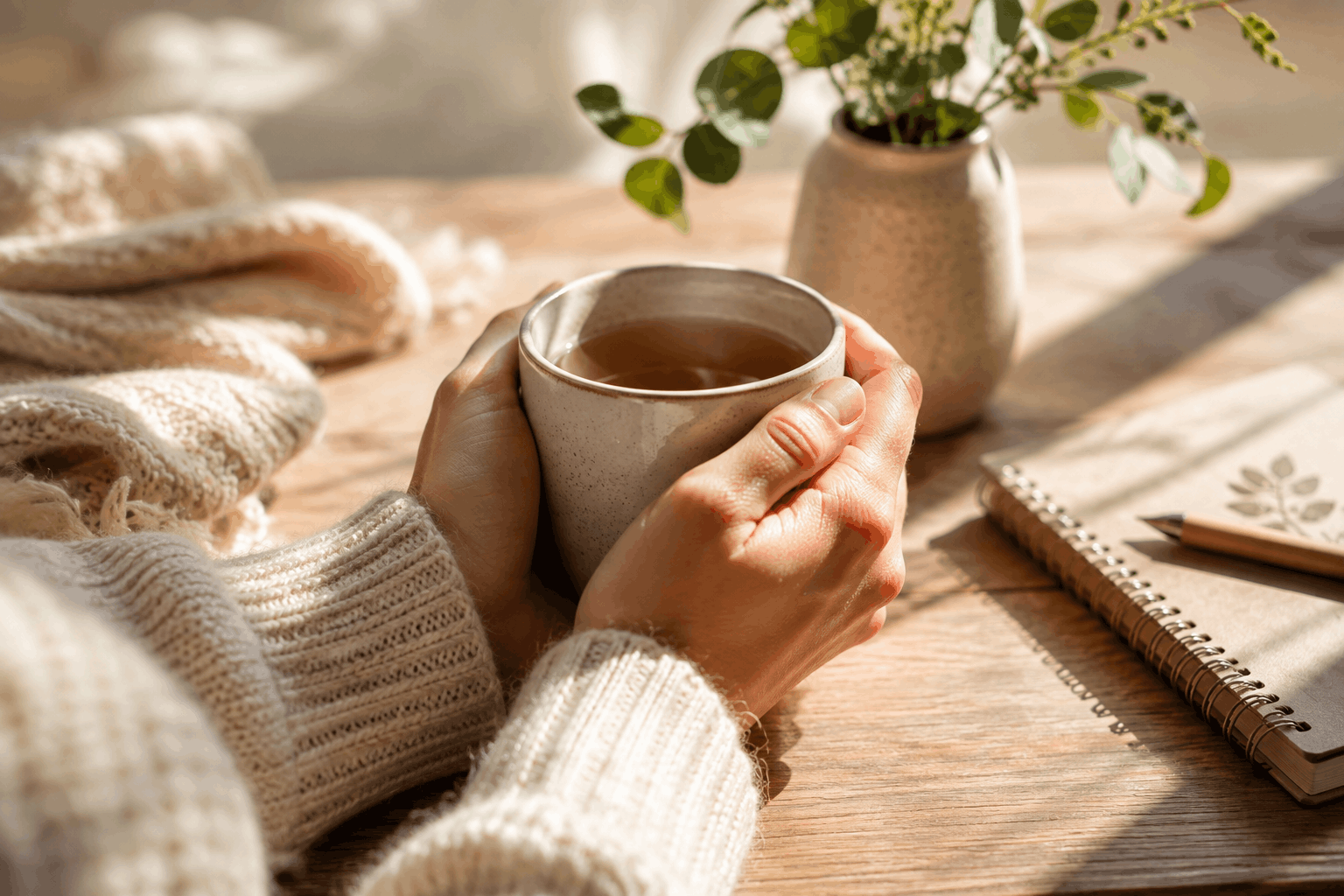 Brain Fog durch Stress — Hände an einer warmen Tasse während einer ruhigen Pause