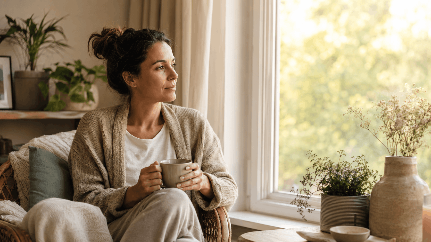 Durchfall durch Stress – Frau sitzt bei ruhigem Morgenlicht mit einer Tasse am Fenster