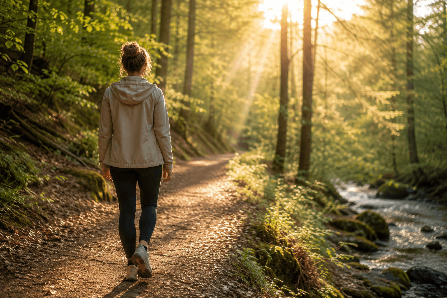 Erschöpfung nach Stress – ruhiger Waldweg während eines Spaziergangs