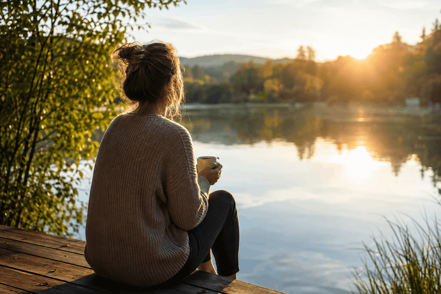 Brain Fog durch Stress — nachdenkliche Frau am Fenster im sanften Morgenlicht