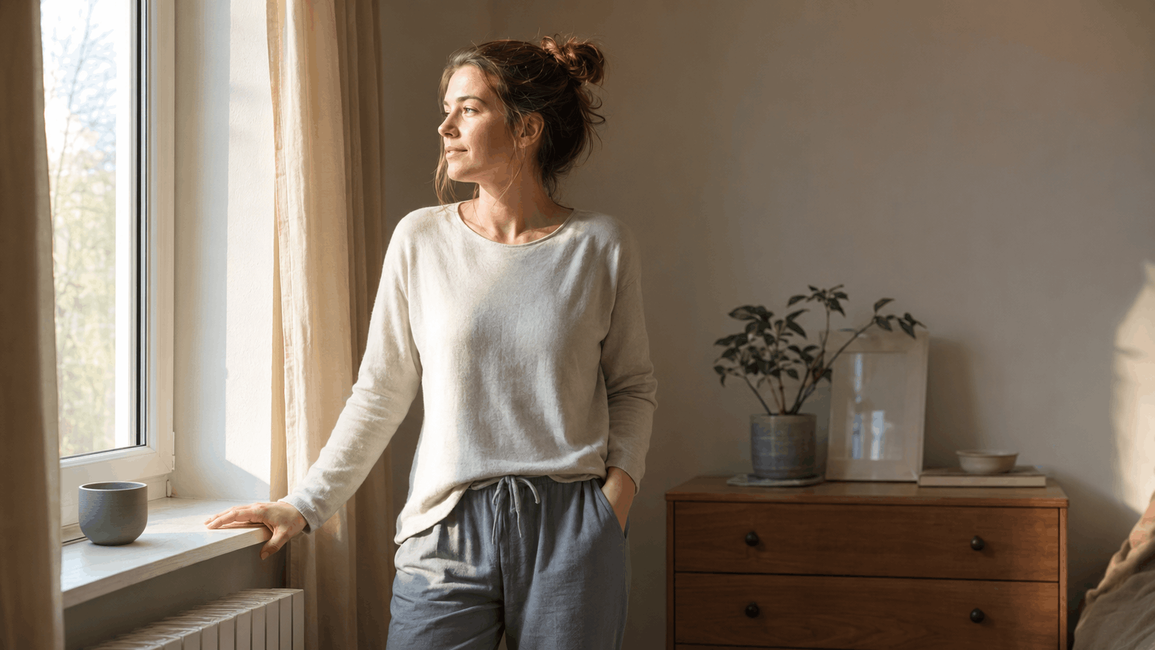 Derealisation durch Angst — Frau steht ruhig im Morgenlicht am Fenster und orientiert sich im Raum