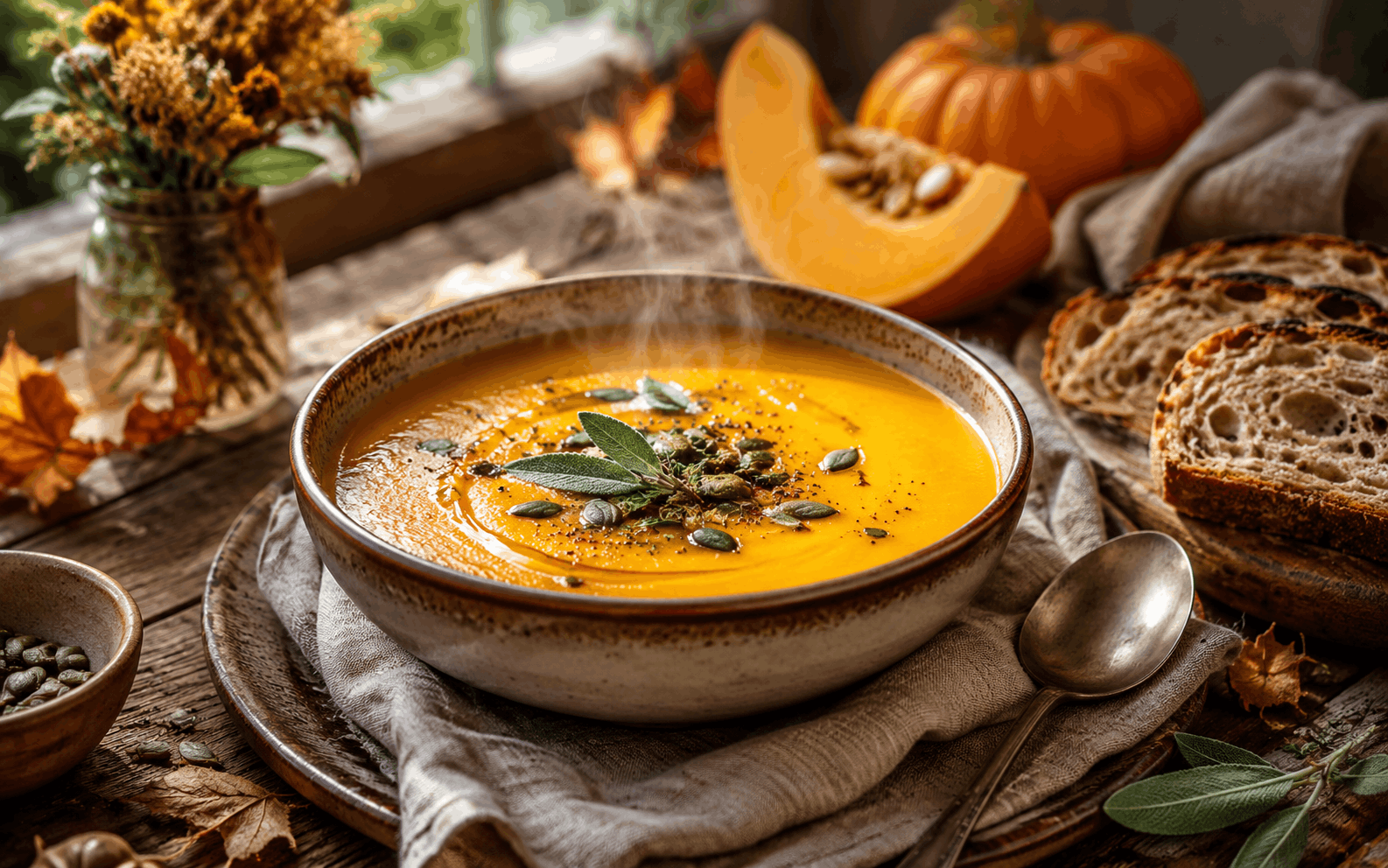 entzündungshemmende Suppen – dampfende Kürbissuppe auf einem gedeckten Herbsttisch