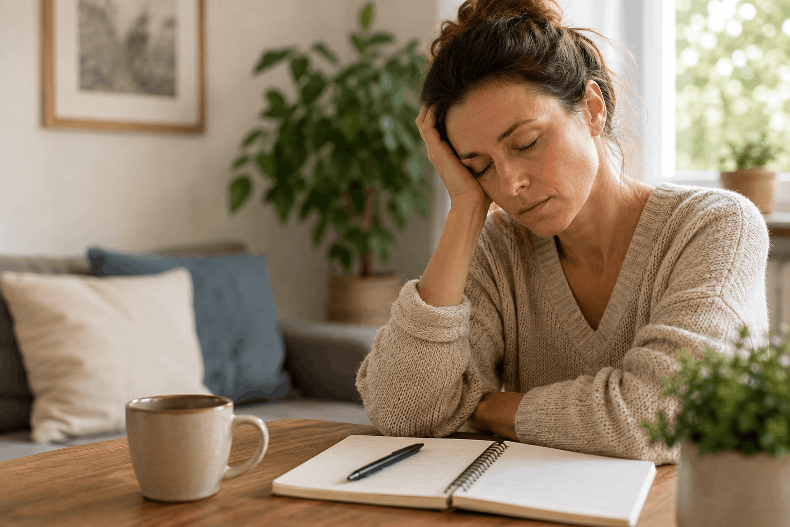 Erschöpfung nach Stress – ruhiger Moment im weichen Morgenlicht