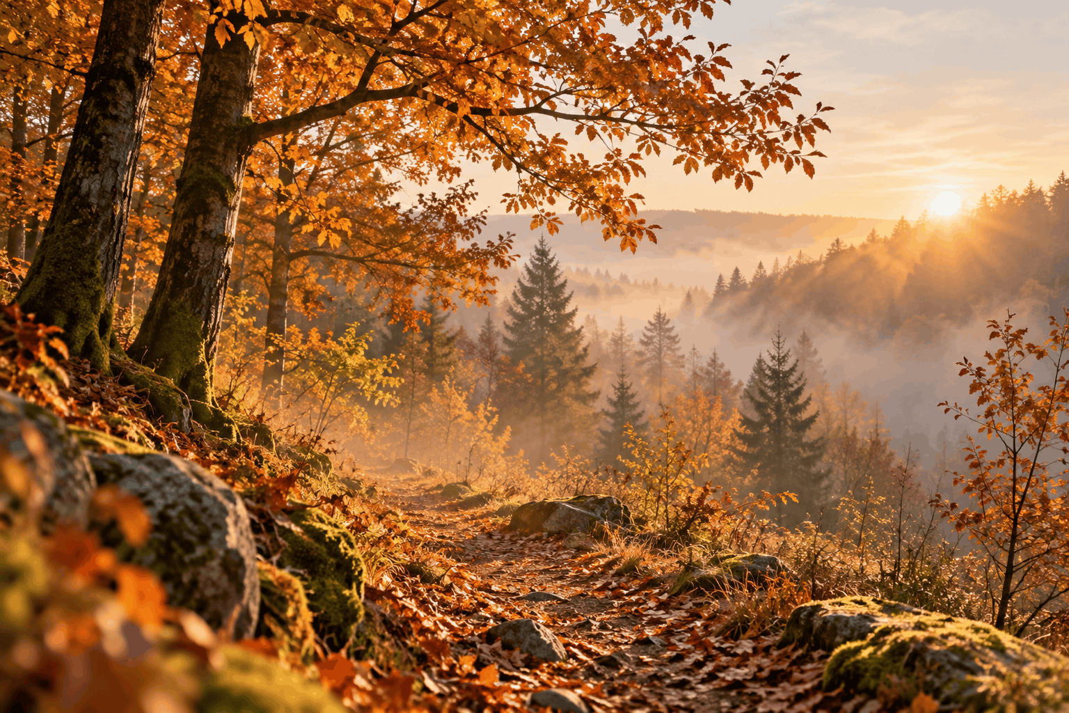 Nervensystem regulieren im November – ruhiger Herbstwald mit goldenem Laub und sanftem Morgennebel als Symbol für Rückzug und Erholung