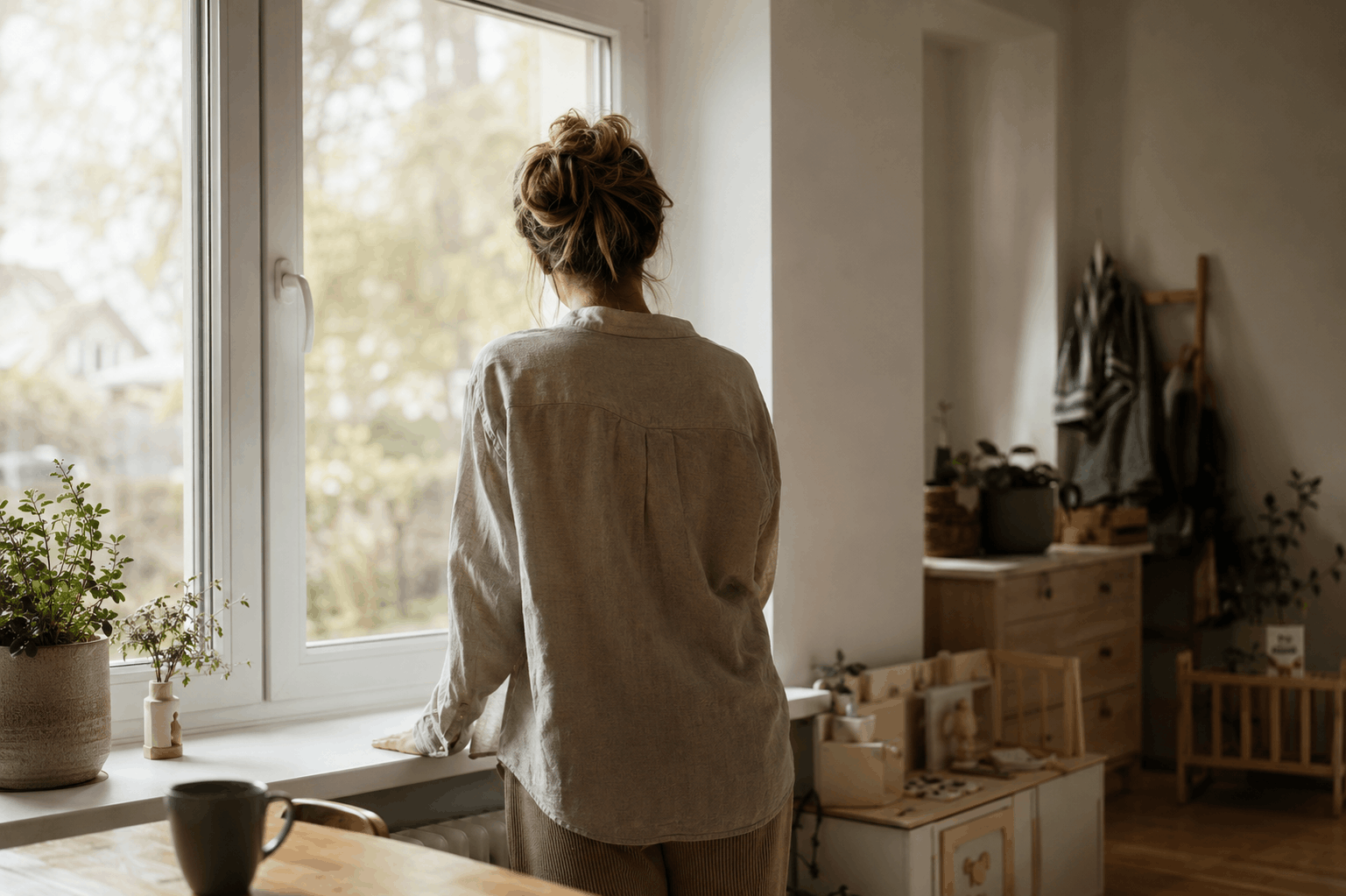 Überforderte Mutter steht im weichen Morgenlicht ruhig an einem Fenster
