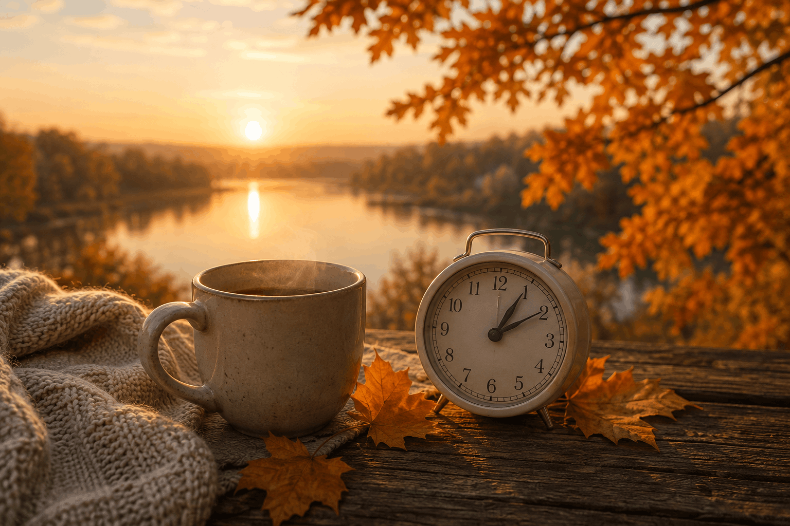 Zeitumstellung Herbst — ruhiges Morgenlicht am Fenster mit Tasse und Wecker