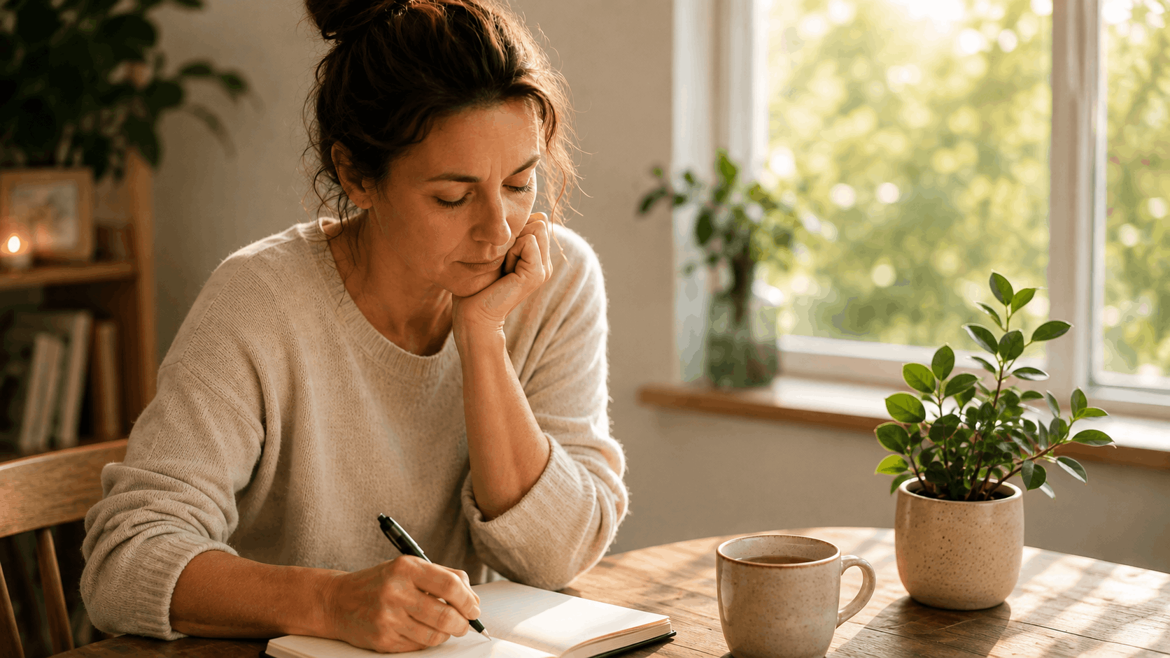 Grenzen setzen — Hände halten eine warme Tasse während einer bewussten Pause vor einer Antwort