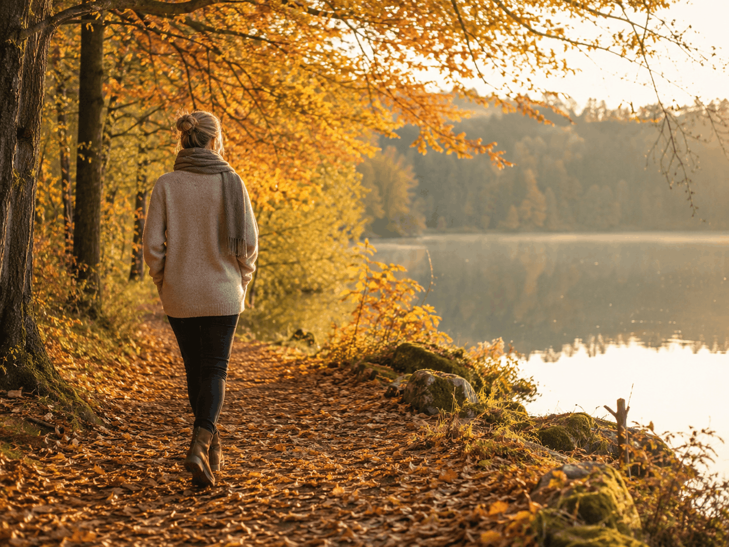 Zeitumstellung Herbst — ruhiger Spaziergang auf einem Waldweg im weichen Morgenlicht
