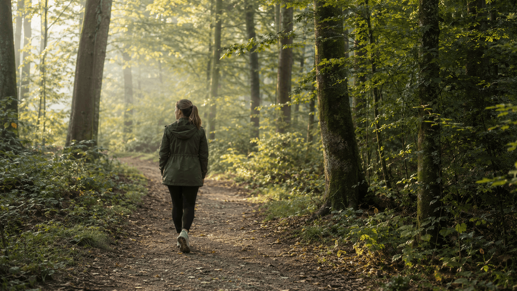 Derealisation durch Angst — ruhiger Waldspaziergang zwischen Bäumen im weichen Morgenlicht