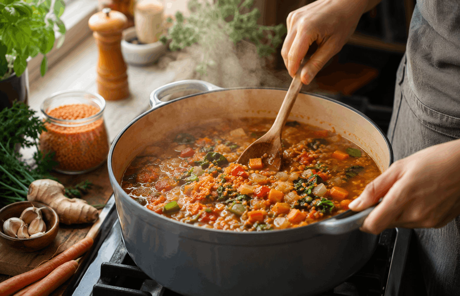 entzündungshemmende Suppen – Gemüse und rote Linsen köcheln in einem großen Topf