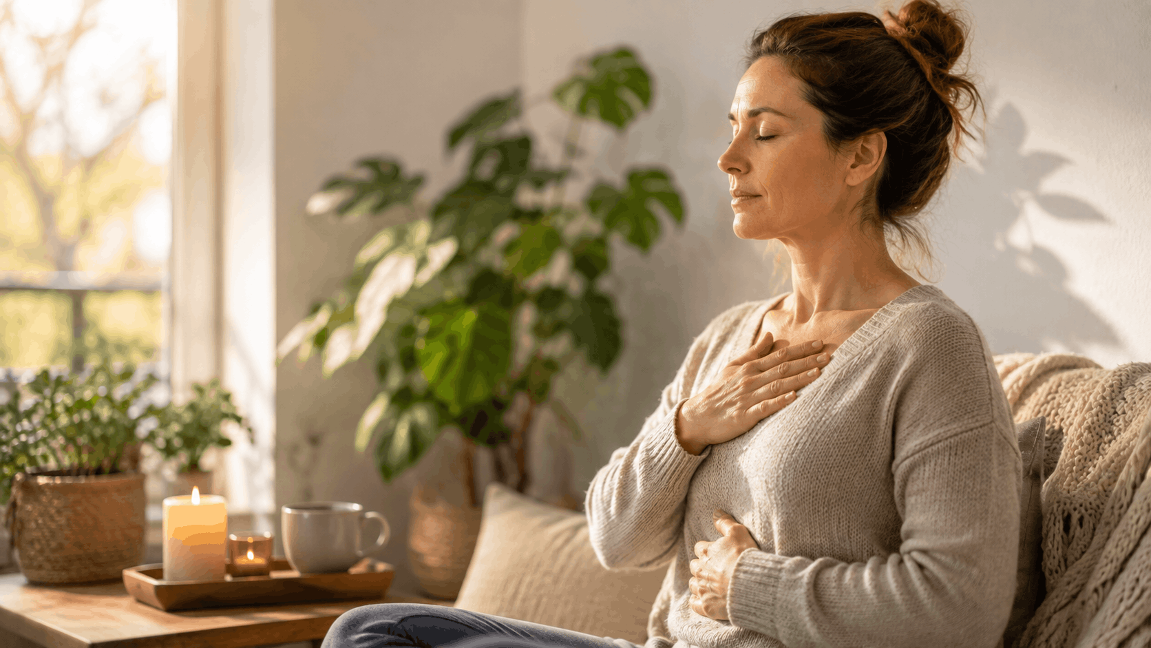 Erschöpfung nach Stress – Hände während einer ruhigen Atem- und Entspannungspause