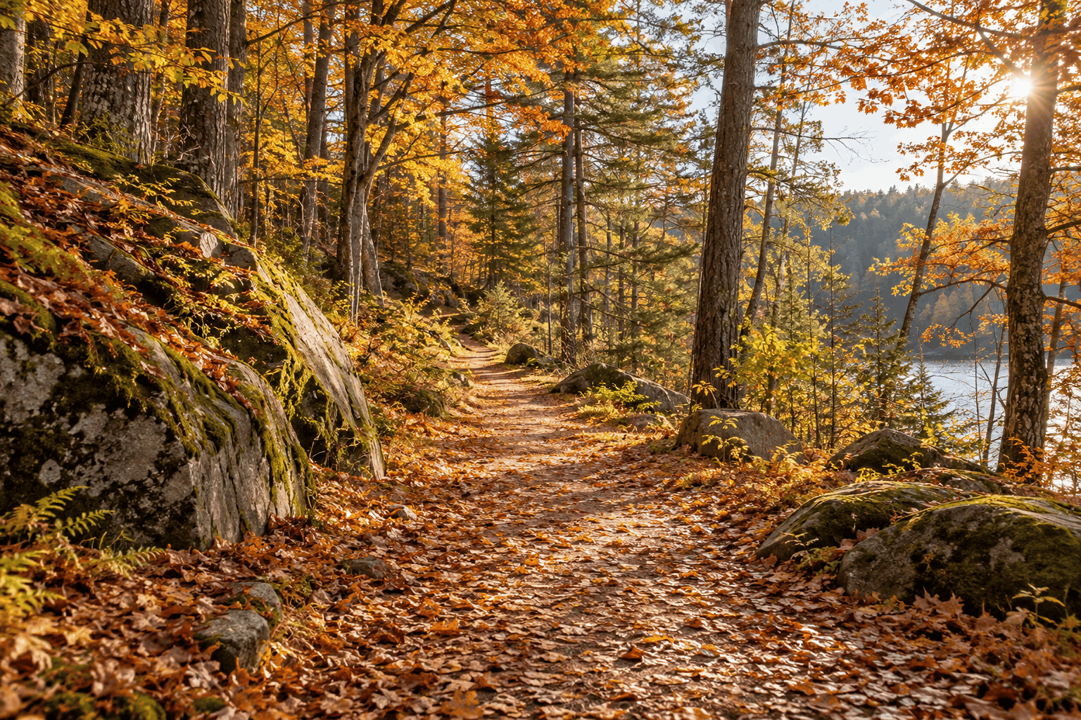 Nervensystem regulieren – ruhiger Waldspaziergang zwischen herbstlichen Bäumen und weichem Tageslicht zur bewussten Erholung