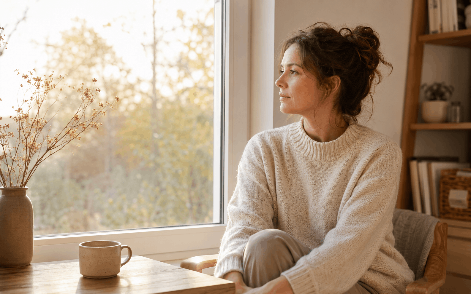 Funktionaler Freeze – Frau sitzt still im warmen Morgenlicht und blickt aus dem Fenster