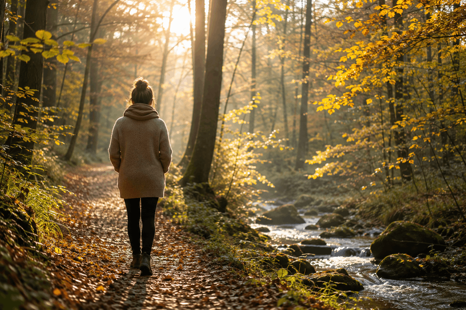 Herbstmüdigkeit – ruhiger Waldspaziergang zwischen herbstlichen Bäumen