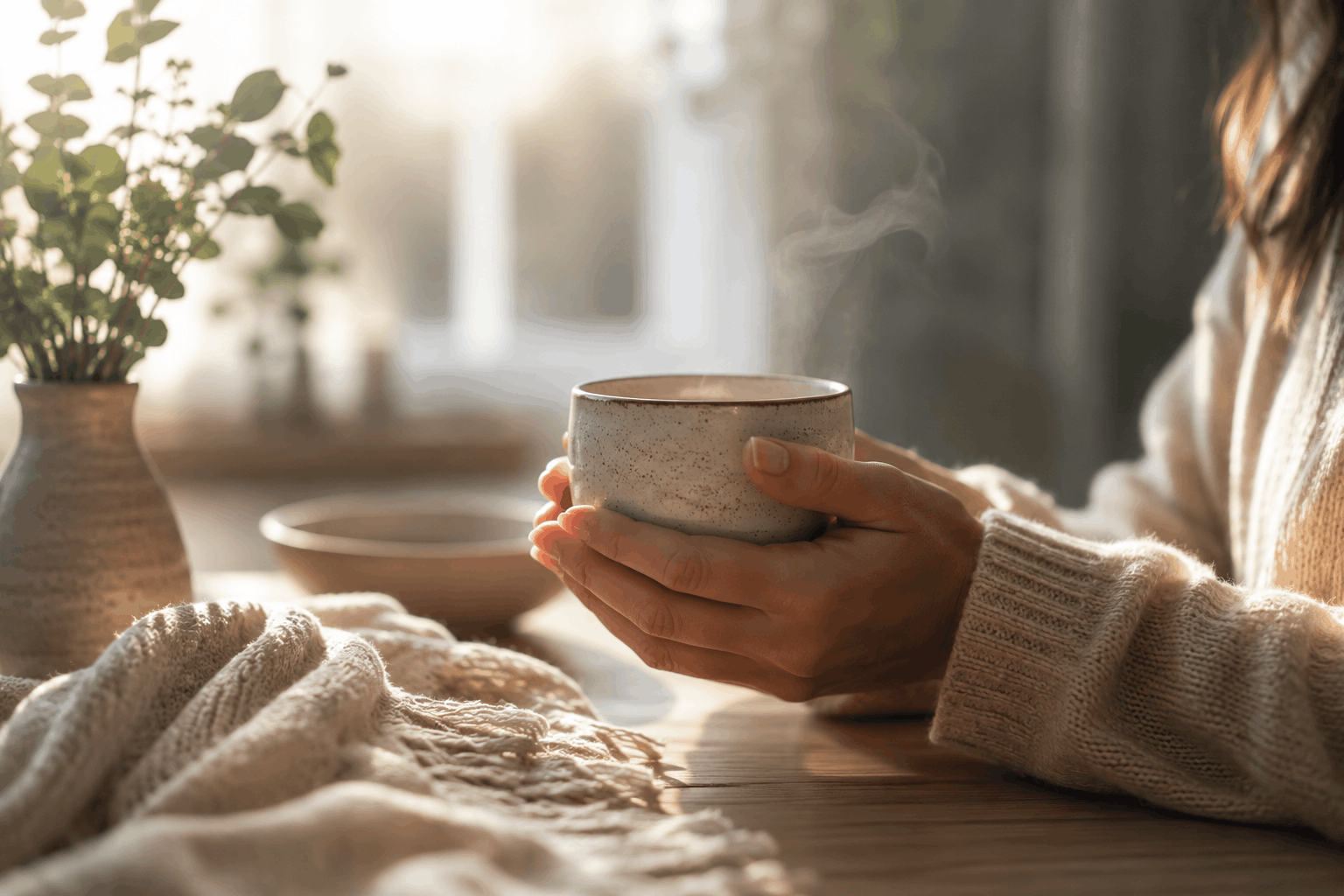 Herzrasen — Hände an einer Tasse in ruhiger Morgenstimmung