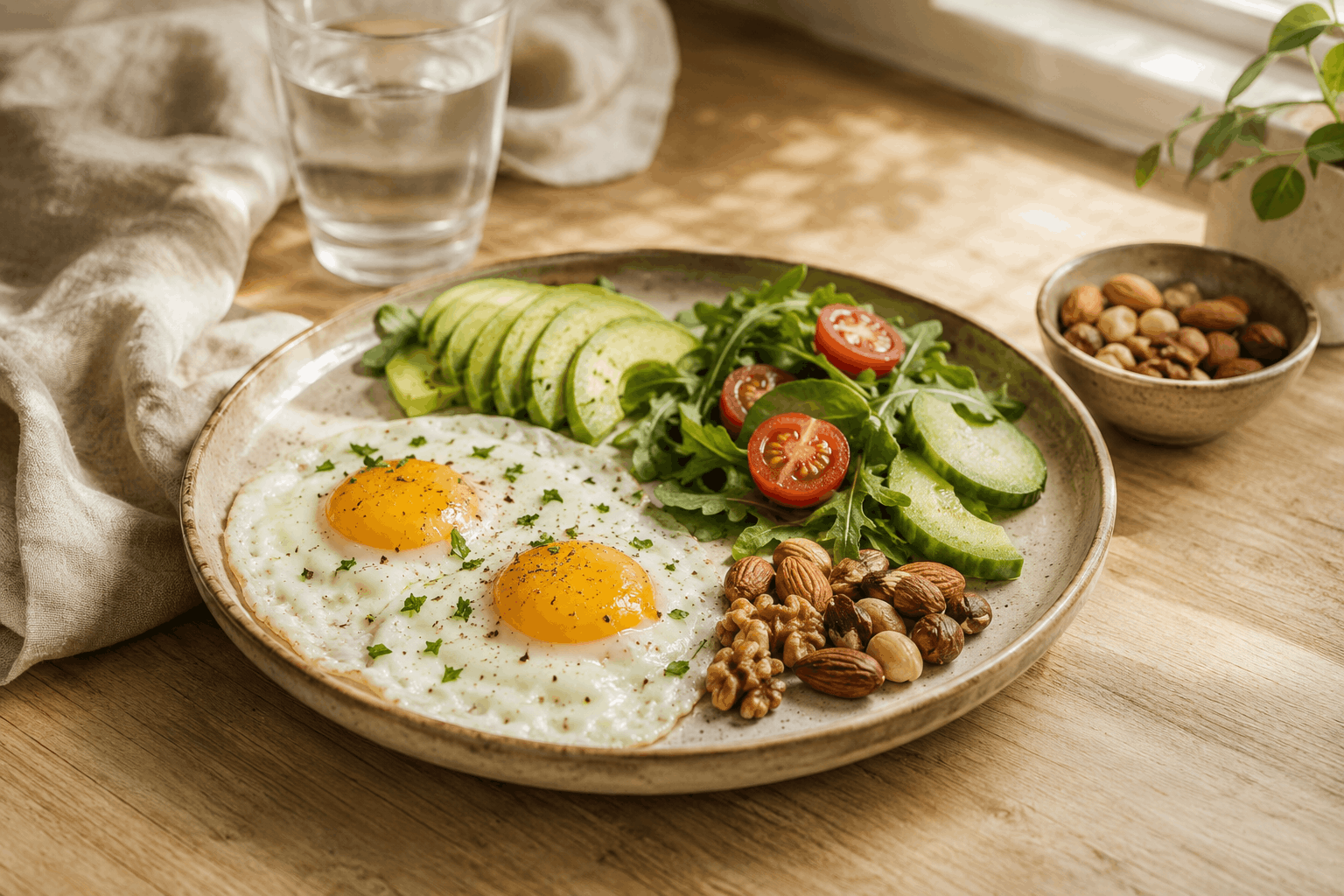 Low Carb Ernährung mit Eiern, Gemüse und Nüssen im ruhigen Morgenlicht