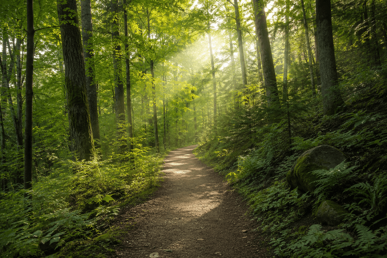 Nervensystem beruhigen — ruhiger Waldweg bei weichem Morgenlicht