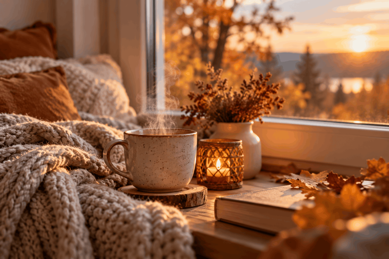Nervensystem regulieren – warme Teetasse am Fenster mit weichem Novemberlicht als bewusste Pause bei Erschöpfung