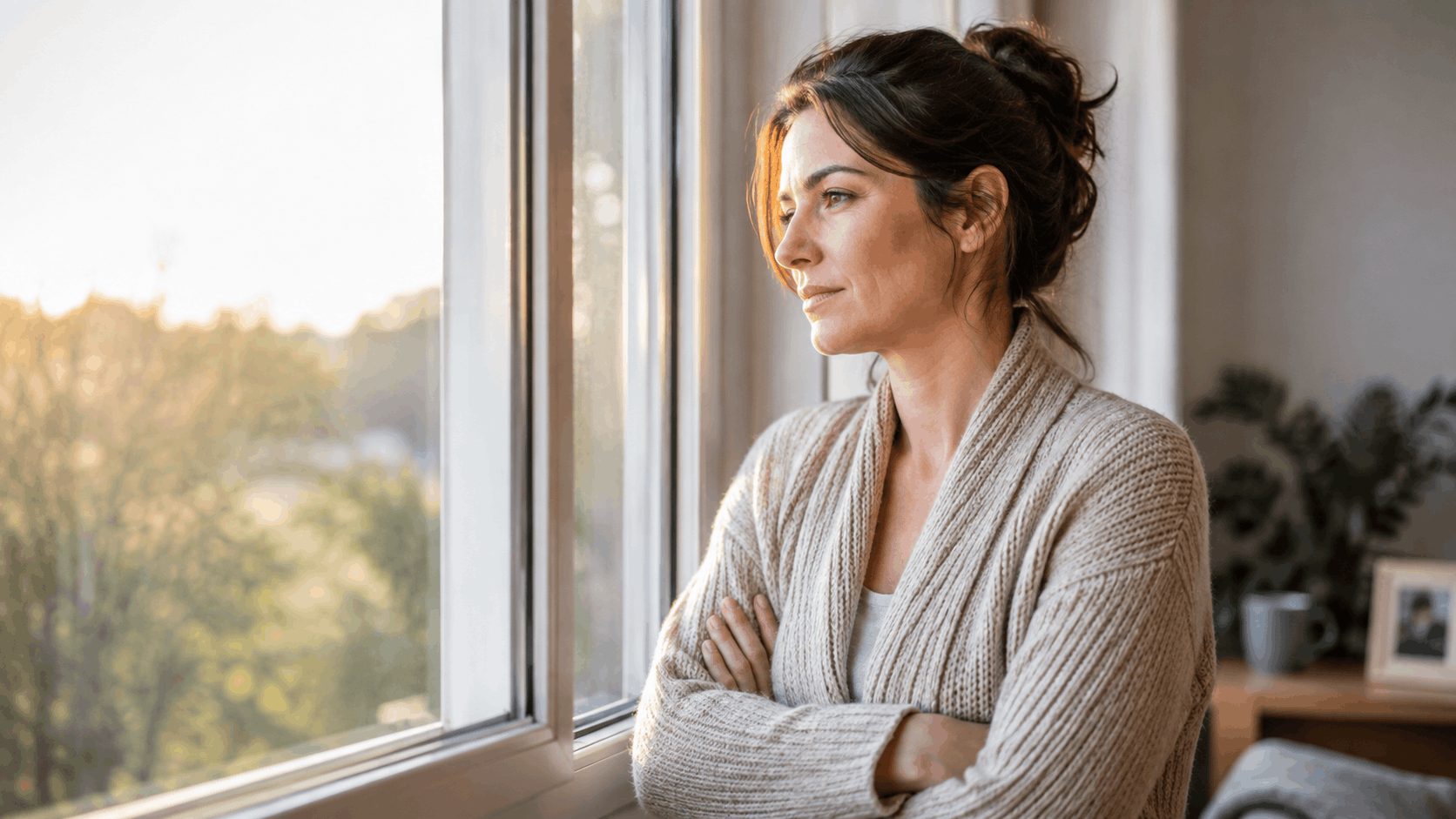 People Pleasing – nachdenkliche Frau im sanften Morgenlicht am Fenster