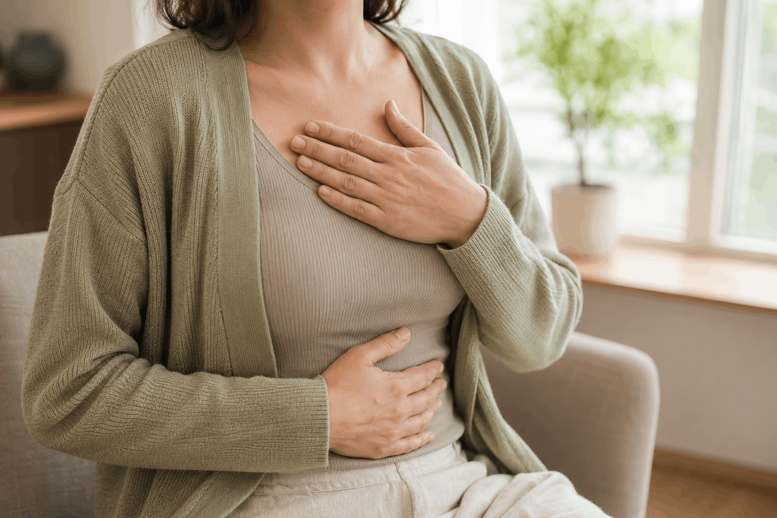 Schwindel durch Stress – Hände auf Brust und Bauch bei einer sanften Atemübung