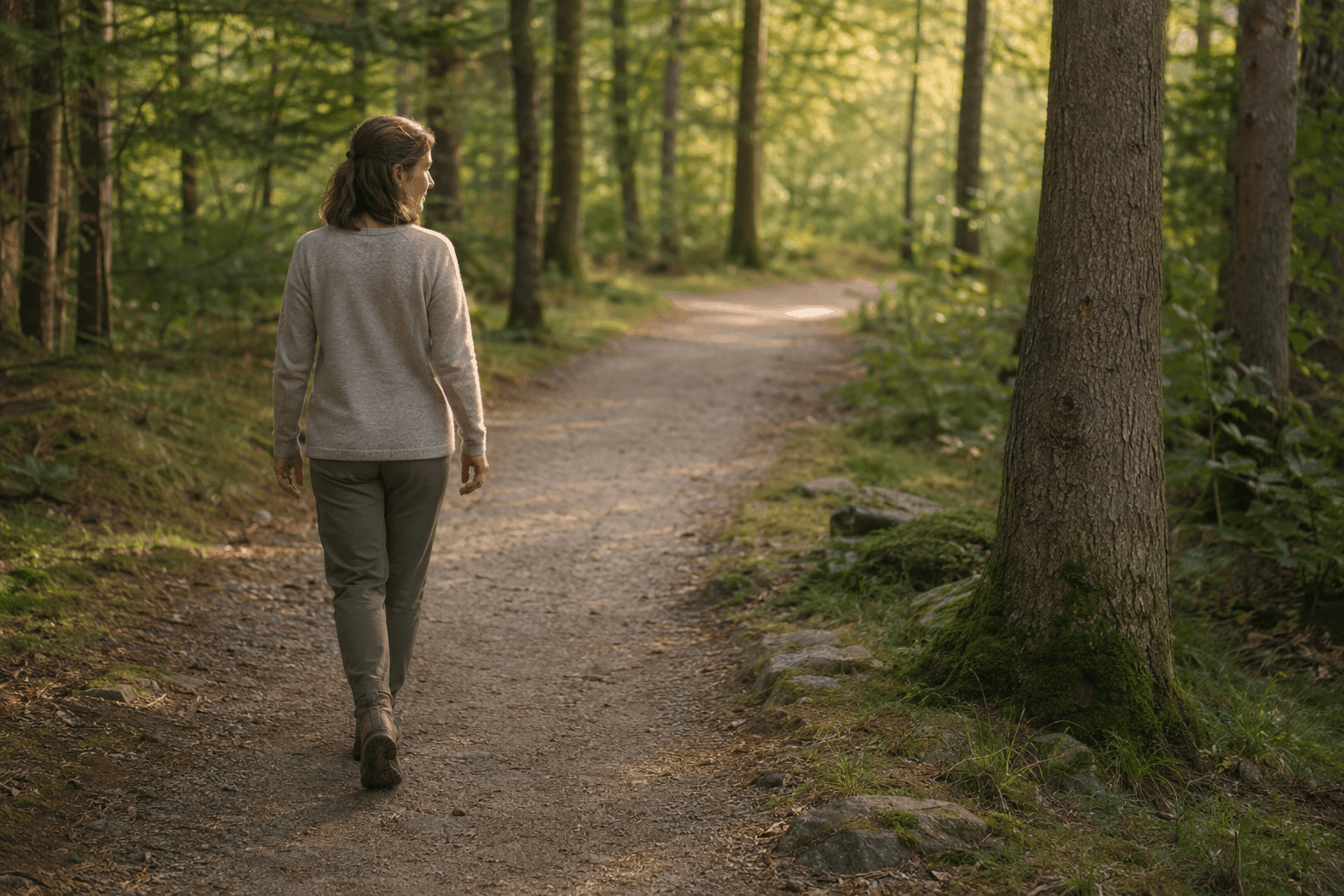 Schwindel durch Stress – langsamer Waldspaziergang auf einem ruhigen Weg