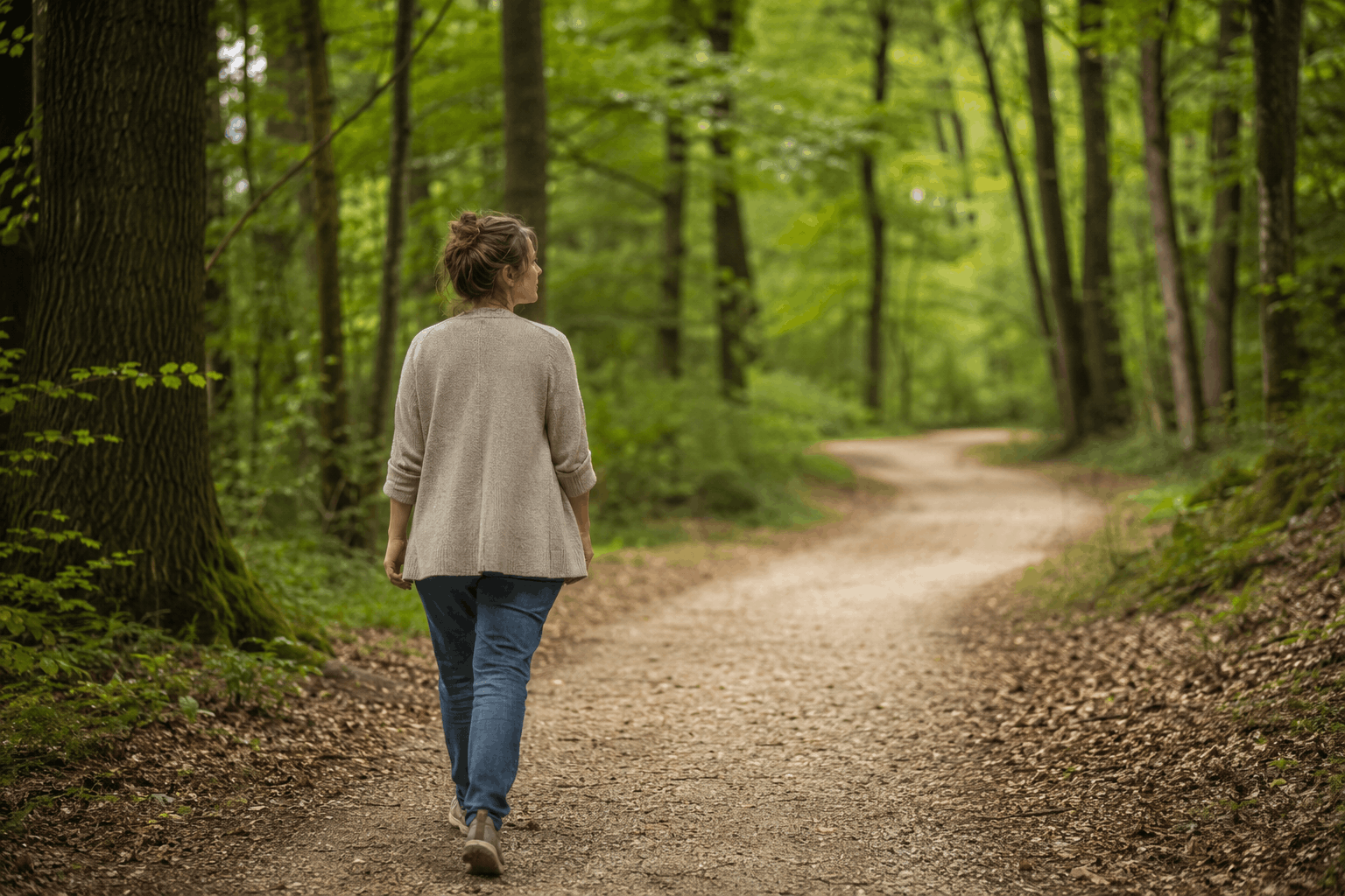 Überforderte Mutter geht langsam auf einem ruhigen Waldweg spazieren