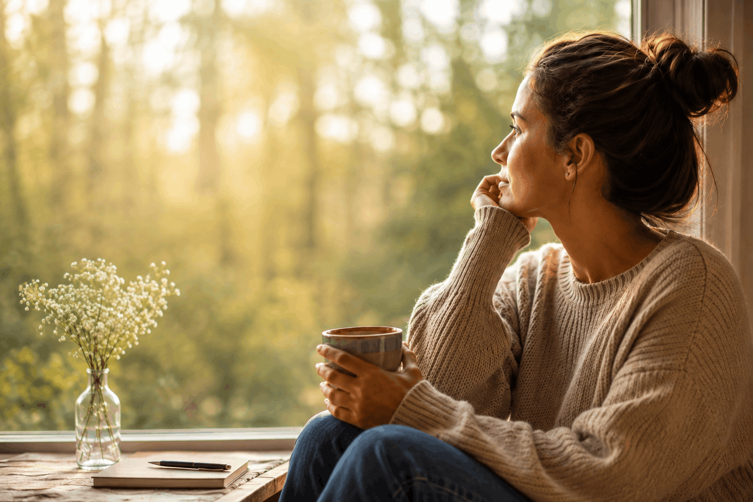 Verstopfung durch Stress — ruhiger Morgen am Fenster mit einer Hand auf dem Bauch
