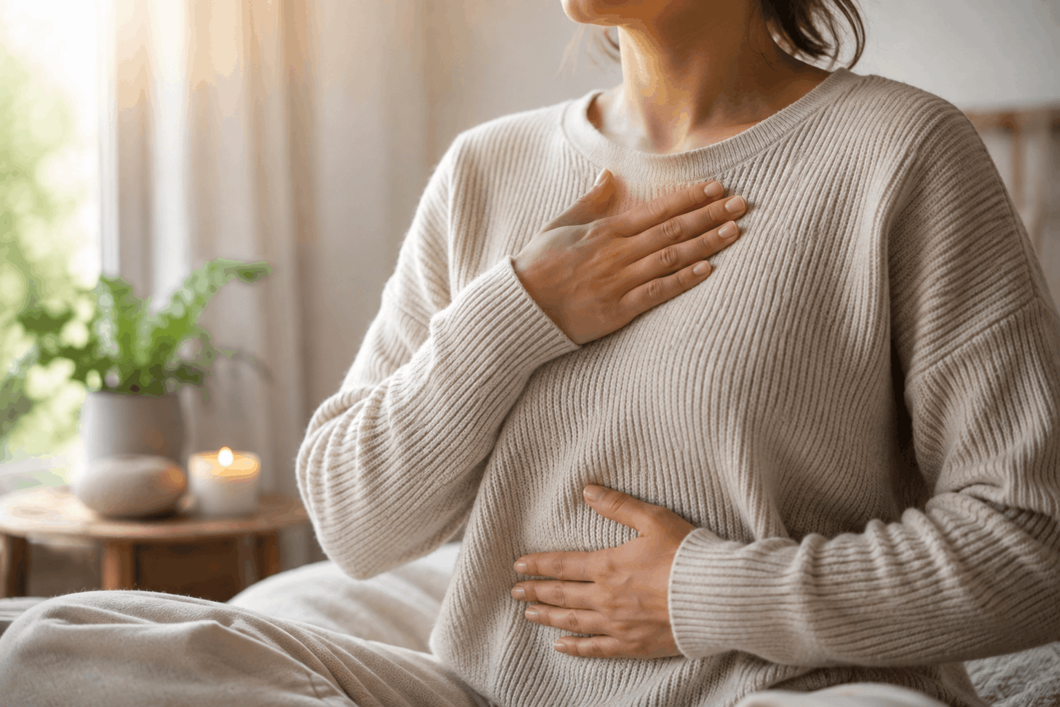 Verstopfung durch Stress — Hände liegen bei einer ruhigen Atemübung auf Bauch und Brust