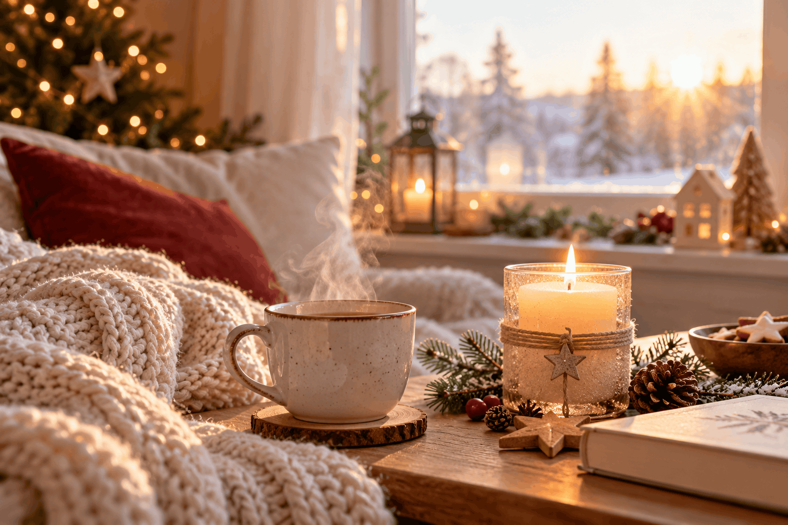 Weihnachtsstress vermeiden – ruhiger Adventsmorgen mit Kerze, warmem Tee und natürlichem Fensterlicht