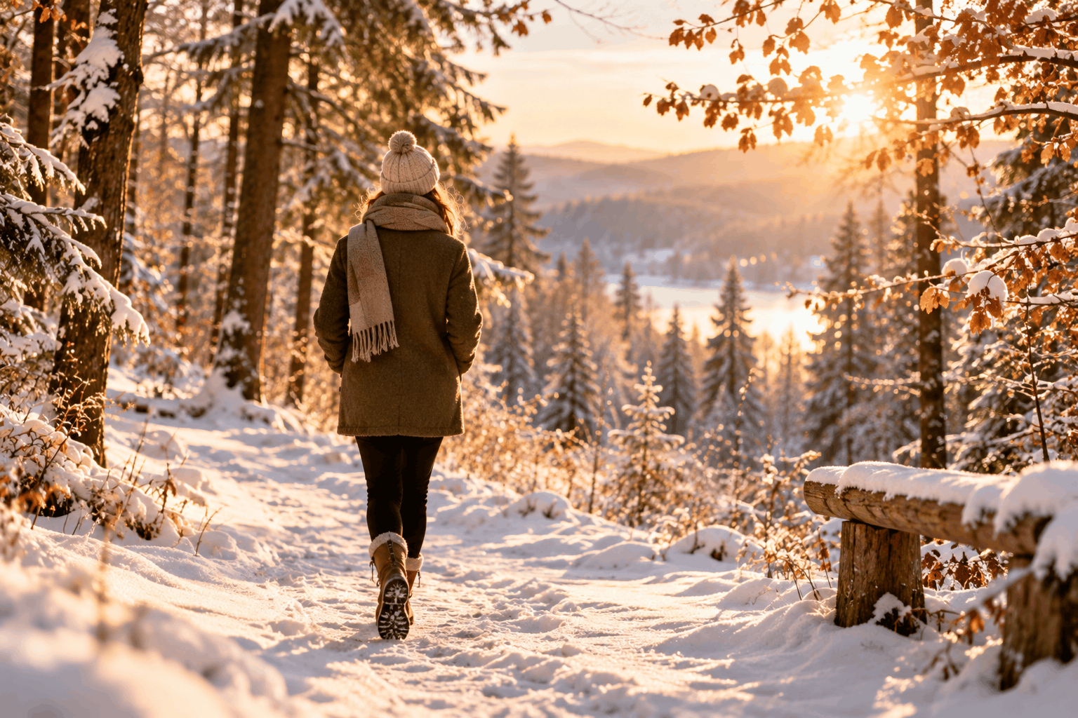 Weihnachtsstress vermeiden – friedlicher Waldweg im Winter als Einladung zu Bewegung und bewusster Entspannung