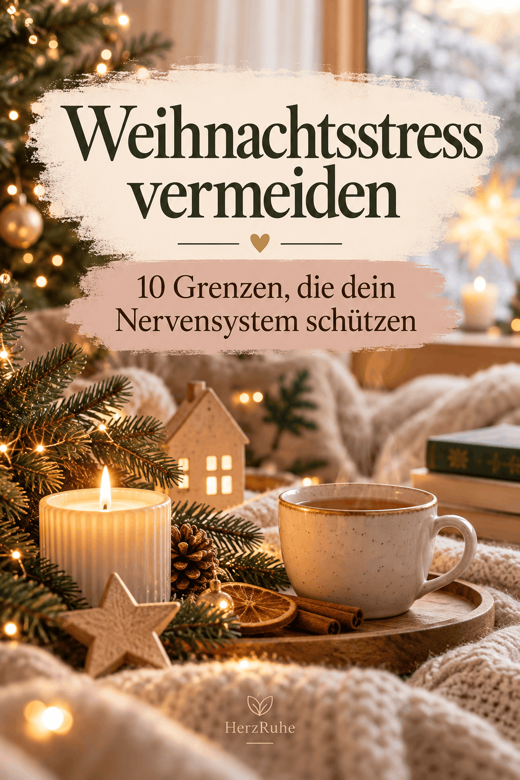 Weihnachtsstress vermeiden – Pinterest-Motiv mit ruhiger winterlicher Kerzenstimmung und zehn Grenzen für mehr innere Ruhe