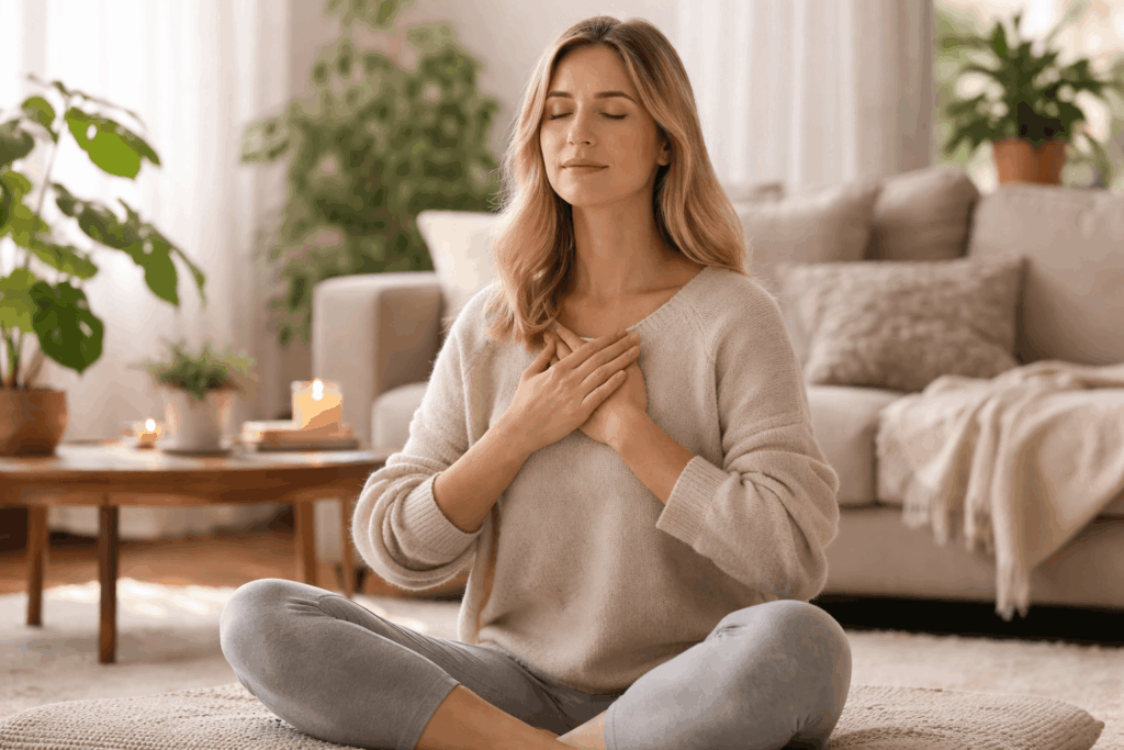 Frau im Schneidersitz mit geschlossenen Augen und Hand auf dem Herzen zur Regulation des Nervensystems und schnellen Stressreduktion im Wohnzimmer