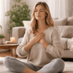 Kurze Entspannungsübungen: 7 Mini-Rituale, die dein Nervensystem sofort beruhigen Frau im Schneidersitz mit geschlossenen Augen und Hand auf dem Herzen zur Regulation des Nervensystems und schnellen Stressreduktion im Wohnzimmer