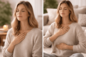 Frau mit geschlossenen Augen legt Hand auf Herz und Bauch zur Regulation des Nervensystems und schnellen Stressreduktion durch bewusste Atmung