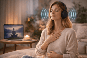 Frau mit Kopfhörern legt Hand auf Herz und Bauch bei geführter Meditation zur Regulation des Nervensystems und Stressreduktion im Wohnzimmer