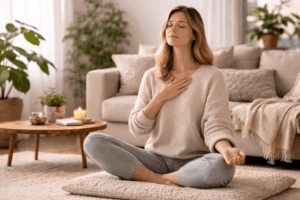 Frau im Schneidersitz mit geschlossenen Augen und Hand auf dem Herzen zur Regulation des Nervensystems und schnellen Entspannung im Wohnzimmer