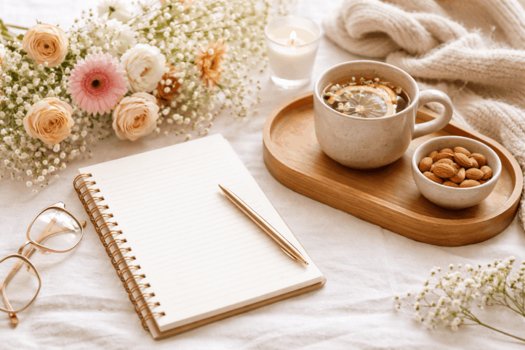 Selbstfürsorge Checkliste in ruhiger Atmosphäre mit Notizbuch, Tee, Kerze und Blumen – Symbol für Regeneration, Achtsamkeit und Nervensystem beruhigen