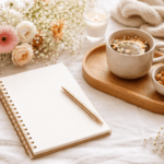 Selbstfürsorge Checkliste in ruhiger Atmosphäre mit Notizbuch, Tee, Kerze und Blumen – Symbol für Regeneration, Achtsamkeit und Nervensystem beruhigen