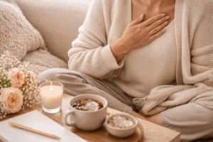 Emotionale Selbstfürsorge bei Erschöpfung – Frau legt Hand auf ihr Herz, neben ihr Tee, Kerze und Blumen als Symbol für Nervensystem beruhigen und innere Ruhe