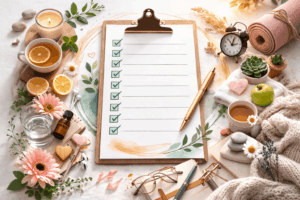 Selbstfürsorge Checkliste auf Klemmbrett mit Tee, Kerze, Blumen und gesunder Ernährung – Symbol für Stress reduzieren, Nervensystem regulieren und Erschöpfung überwinden