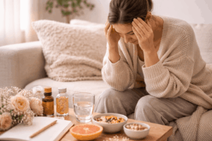 Erschöpfte Frau sitzt mit gesenktem Kopf auf Sofa, vor ihr Nahrungsergänzung und Wasser – Symbol für chronische Erschöpfung, Dauerstress und ganzheitliche Unterstützung statt nur Selbstfürsorge