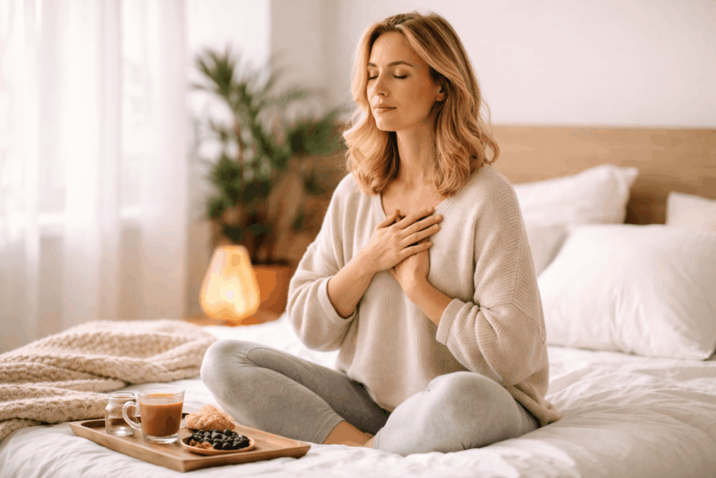 Frau mit geschlossenen Augen im warmen Morgenlicht sitzt entspannt im Wohnzimmer und atmet ruhig – Symbol für Cortisol senken und Stress natürlich reduzieren