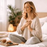 Frau mit geschlossenen Augen im warmen Morgenlicht sitzt entspannt im Wohnzimmer und atmet ruhig – Symbol für Cortisol senken und Stress natürlich reduzieren