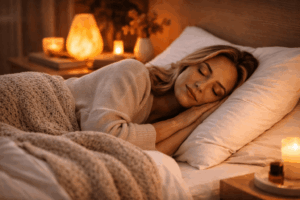 Schlafende Frau in warmem Abendlicht – natürlicher Weg, Cortisol zu senken und Stresshormone durch gesunden Schlaf zu regulieren