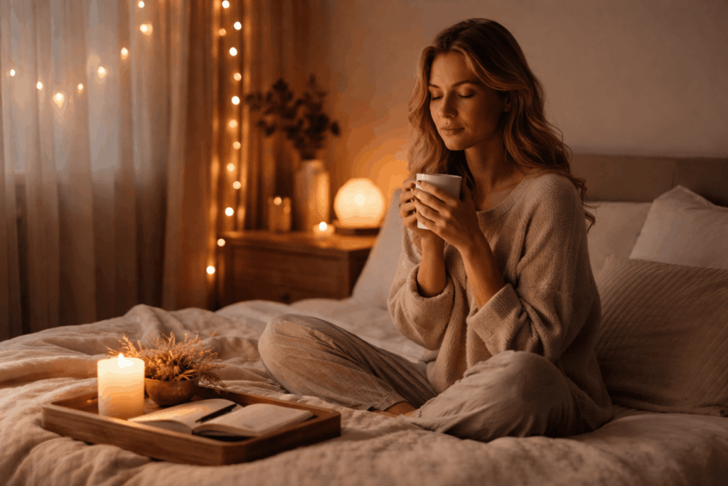 Frau mit Tasse Tee im warmen Schlafzimmer bei ihrer Abendroutine für tiefen Schlaf, Kerzenlicht und entspannte Atmosphäre vor dem Einschlafen