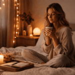 Frau mit Tasse Tee im warmen Schlafzimmer bei ihrer Abendroutine für tiefen Schlaf, Kerzenlicht und entspannte Atmosphäre vor dem Einschlafen