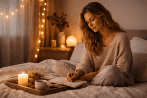 Frau schreibt Tagebuch bei ihrer Abendroutine im warmen Schlafzimmer mit Kerzenlicht und Tee zur Vorbereitung auf tiefen Schlaf