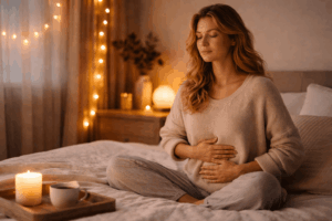 Frau bei Atemübung im Schlafzimmer mit geschlossenen Augen und warmem Licht als Teil ihrer Abendroutine für tiefen Schlaf