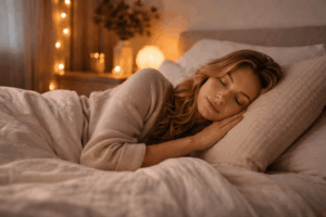 Frau schläft entspannt im warmen Schlafzimmer nach einer beruhigenden Abendroutine für tiefen Schlaf